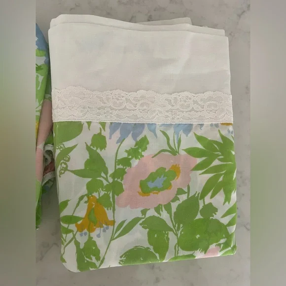 Vintage Floral Lace Lilly Pulitzer Like Twin Flat & Fitted Sheet Set Fashion - Picture 2 of 4